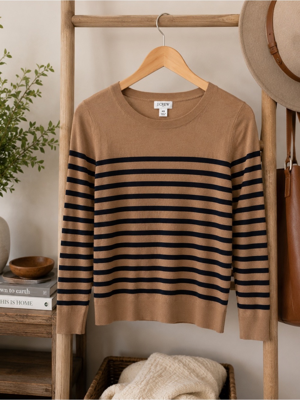 J.Crew Factory NWT 100% Cotton Striped Long Sleeve Tee | Camel & Navy | XS